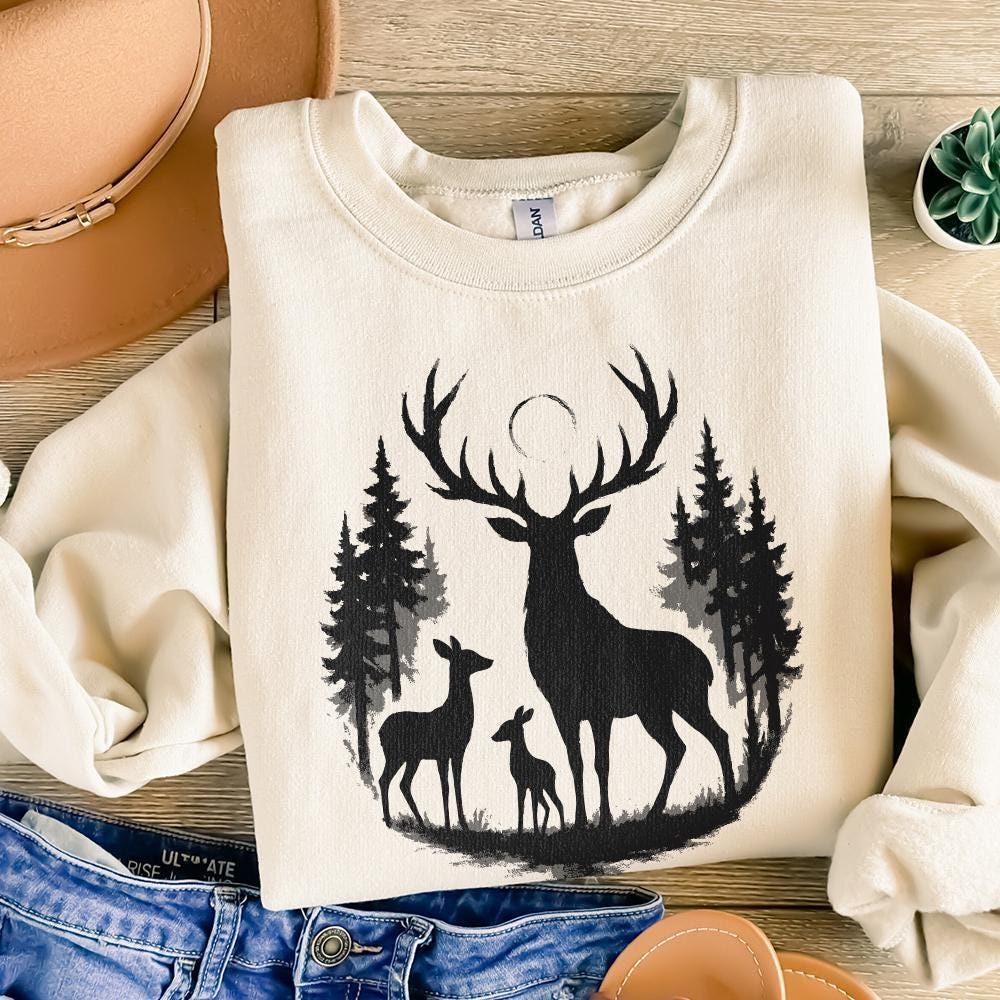 Deer Silhouette PNG, Woodland Forest Stag Family PNG - 300 DPI Design for