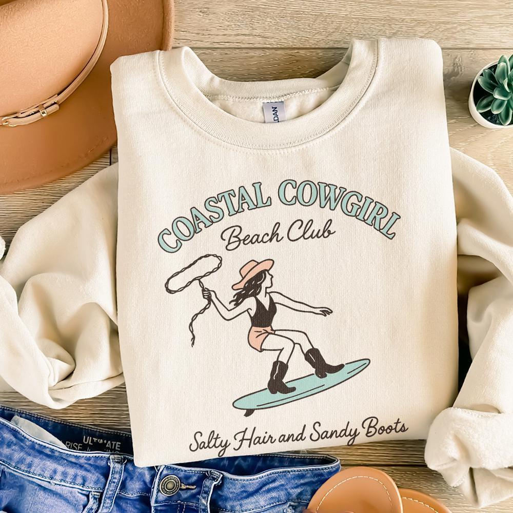 Coastal Cowgirl Beach Club PNG, Salty Hair and Sandy Boots - 300 DPI