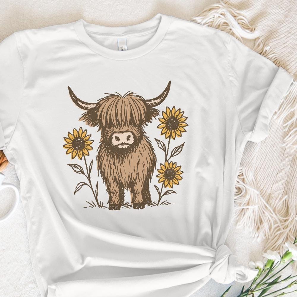 Highland Cow PNG Clipart, Cute Cow With Sunflowers PNG - 300 DPI Design