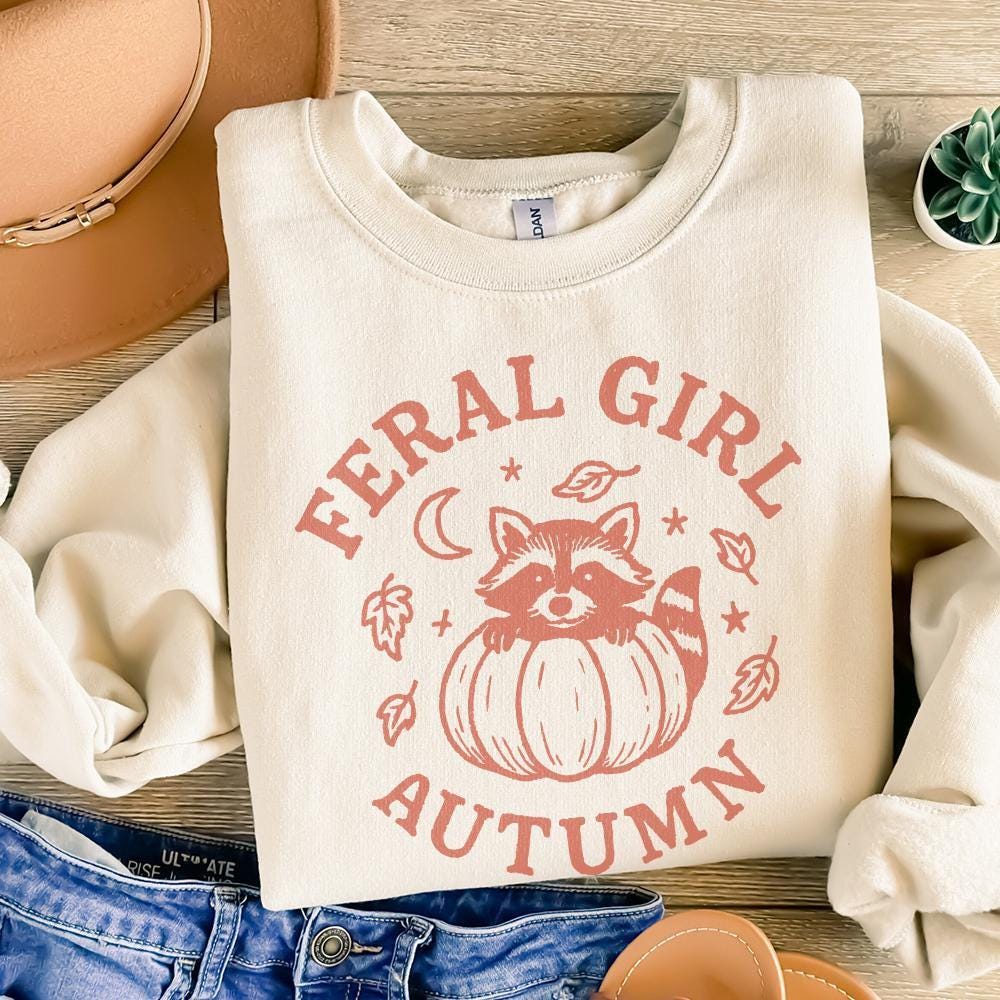 Feral Girl Autumn PNG, Cute Raccoon Pumpkin PNG - 300 DPI Design for