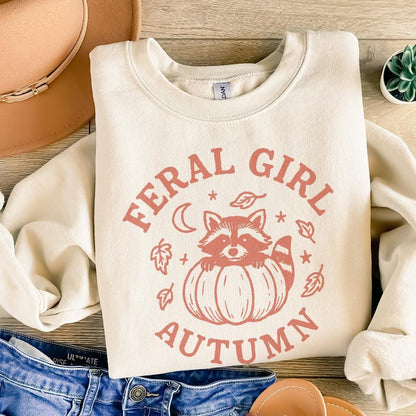 Feral Girl Autumn PNG, Cute Raccoon Pumpkin PNG - 300 DPI Design for