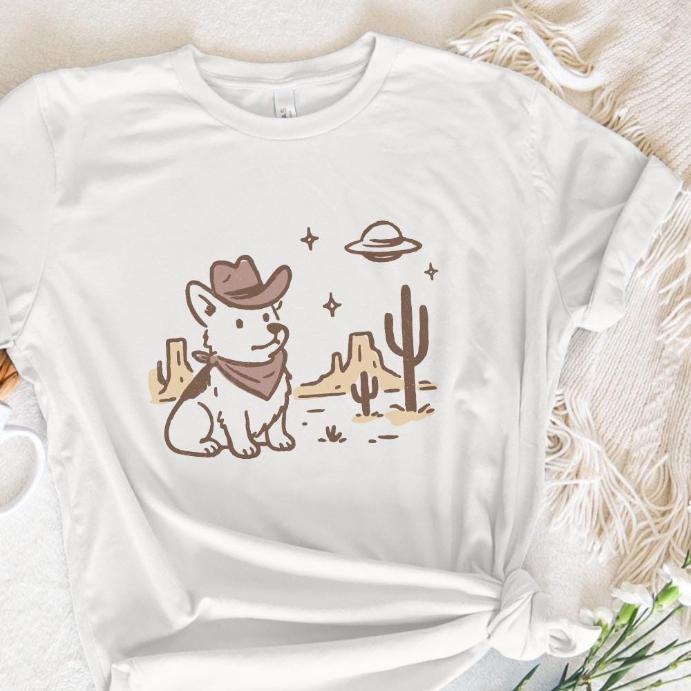 Retro Corgi Cowboy in Desert, Cute Dog with Bandana - 300 DPI Design for