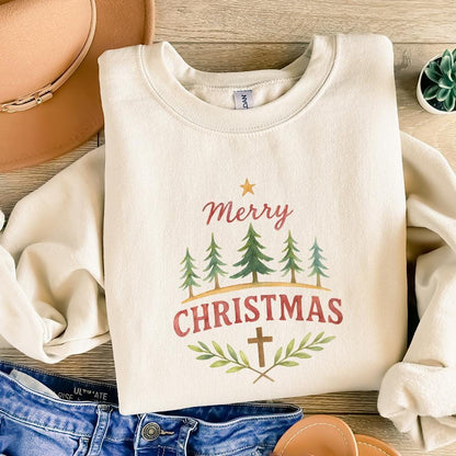 Merry Christmas Watercolor PNG, Christian Christmas Cross PNG - 300 DPI