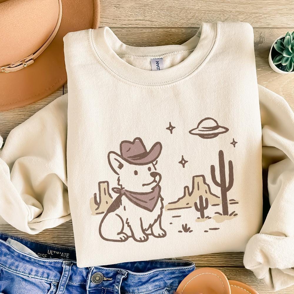 Retro Corgi Cowboy in Desert, Cute Dog with Bandana - 300 DPI Design for