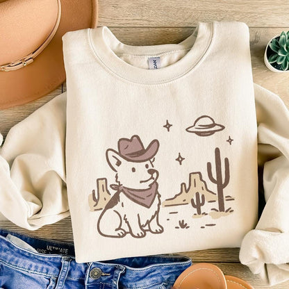 Retro Corgi Cowboy in Desert, Cute Dog with Bandana - 300 DPI Design for