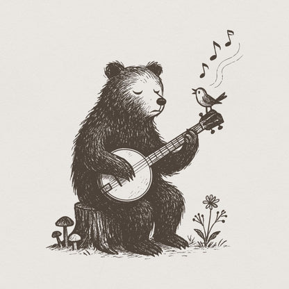 Bear Playing Banjo With Singing Bird PNG - Whimsical Animal Folk Art,