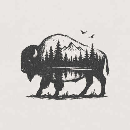 Bison Double Exposure PNG, Nature Mountain Forest Wildlife Rustic - 300