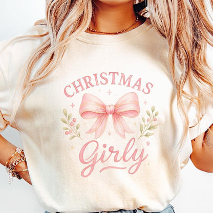 Christmas Girly PNG, Pink Bow Holiday PNG Shirt - 300 DPI Design for
