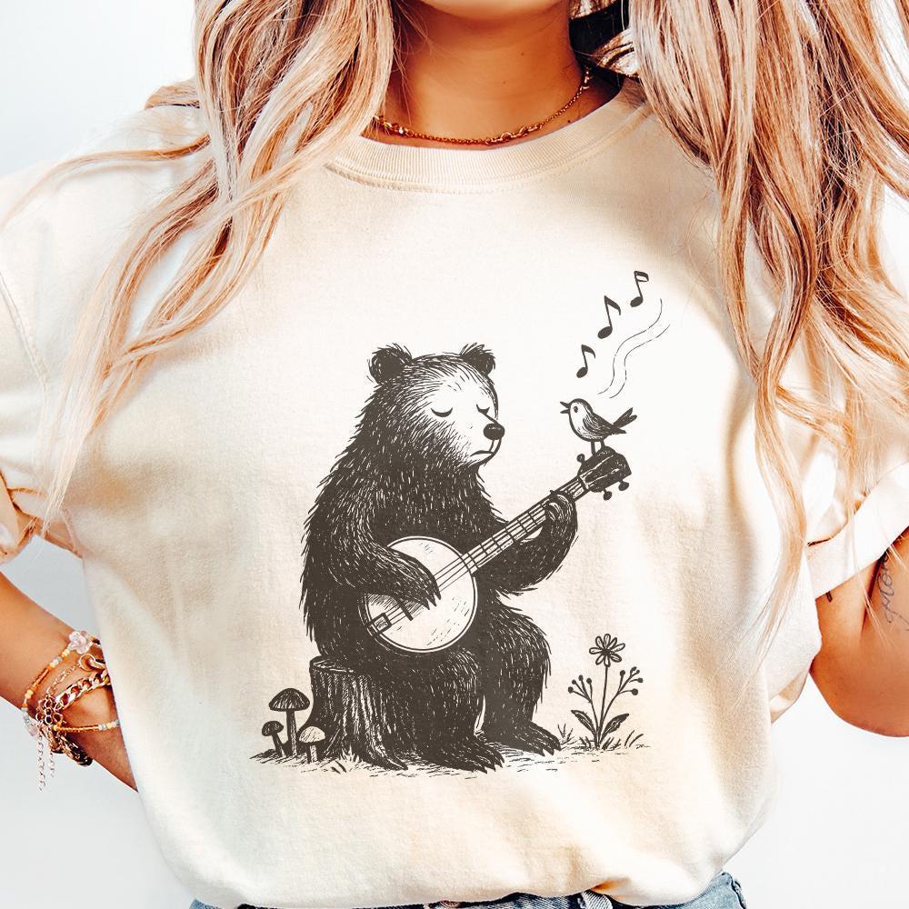 Bear Playing Banjo With Singing Bird PNG - Whimsical Animal Folk Art,