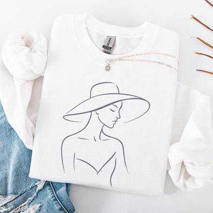 Elegant Woman With Hat Line Art PNG, Minimalist Fashion PNG Tee Design -