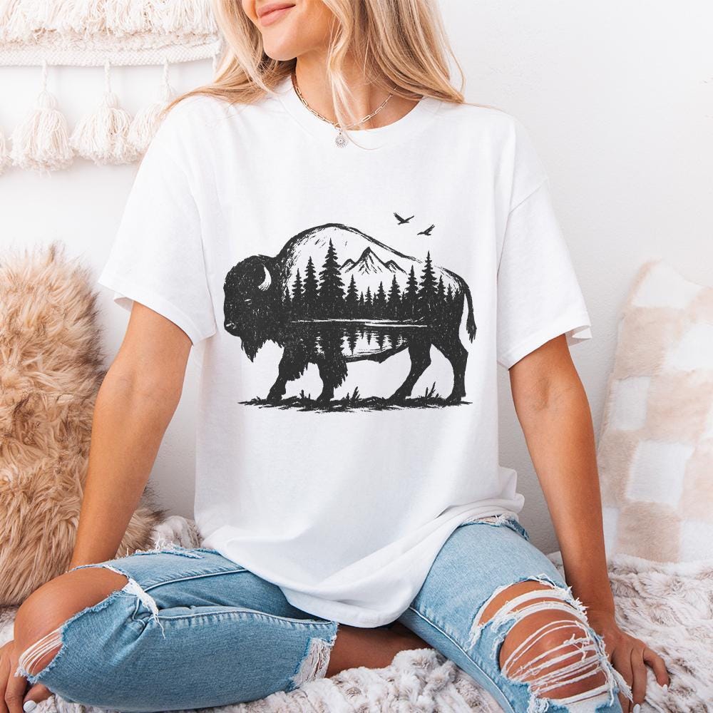 Bison Double Exposure PNG, Nature Mountain Forest Wildlife Rustic - 300