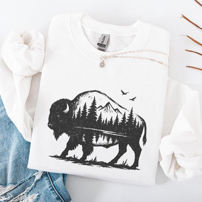 Bison Double Exposure PNG, Nature Mountain Forest Wildlife Rustic - 300