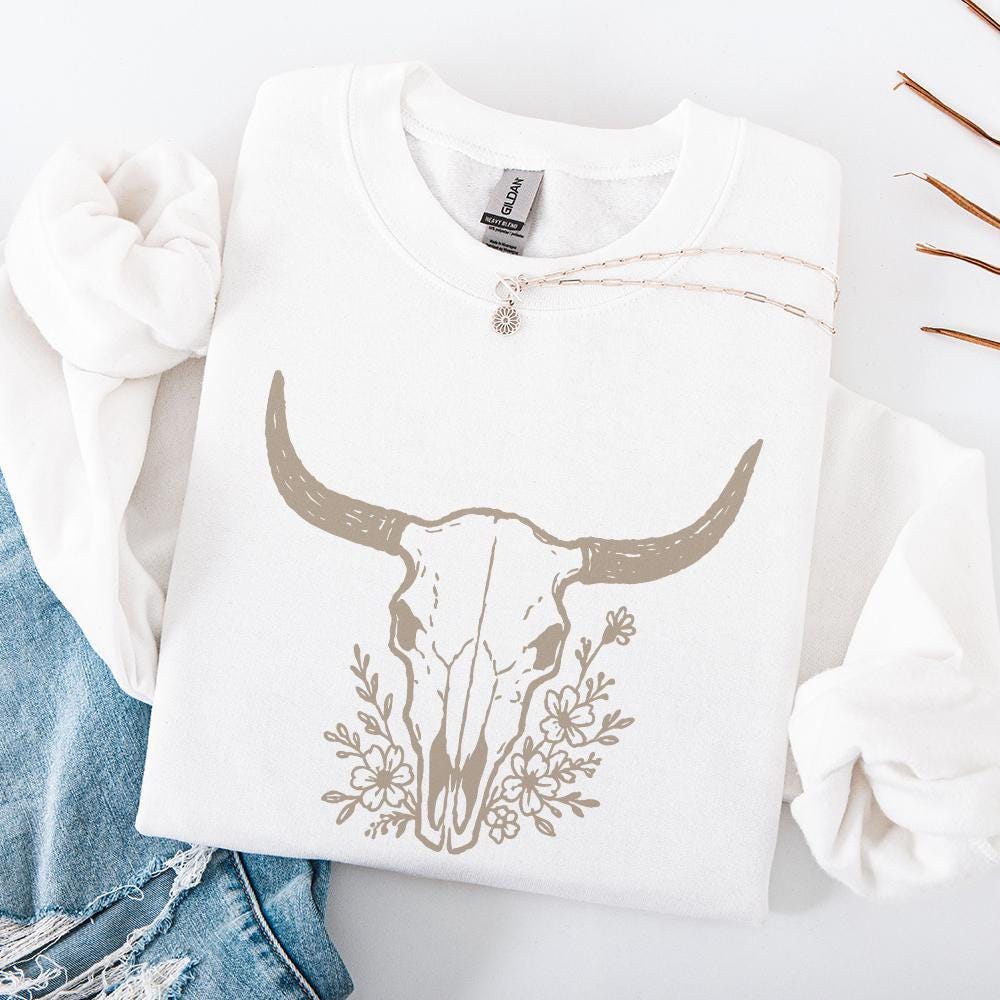 Boho Cow Skull PNG, Floral Skull Art - 300 DPI Design for T-Shirt