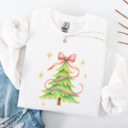 Watercolor Christmas Tree With Pink Ribbon, Christmas Tree PNG Clipart -