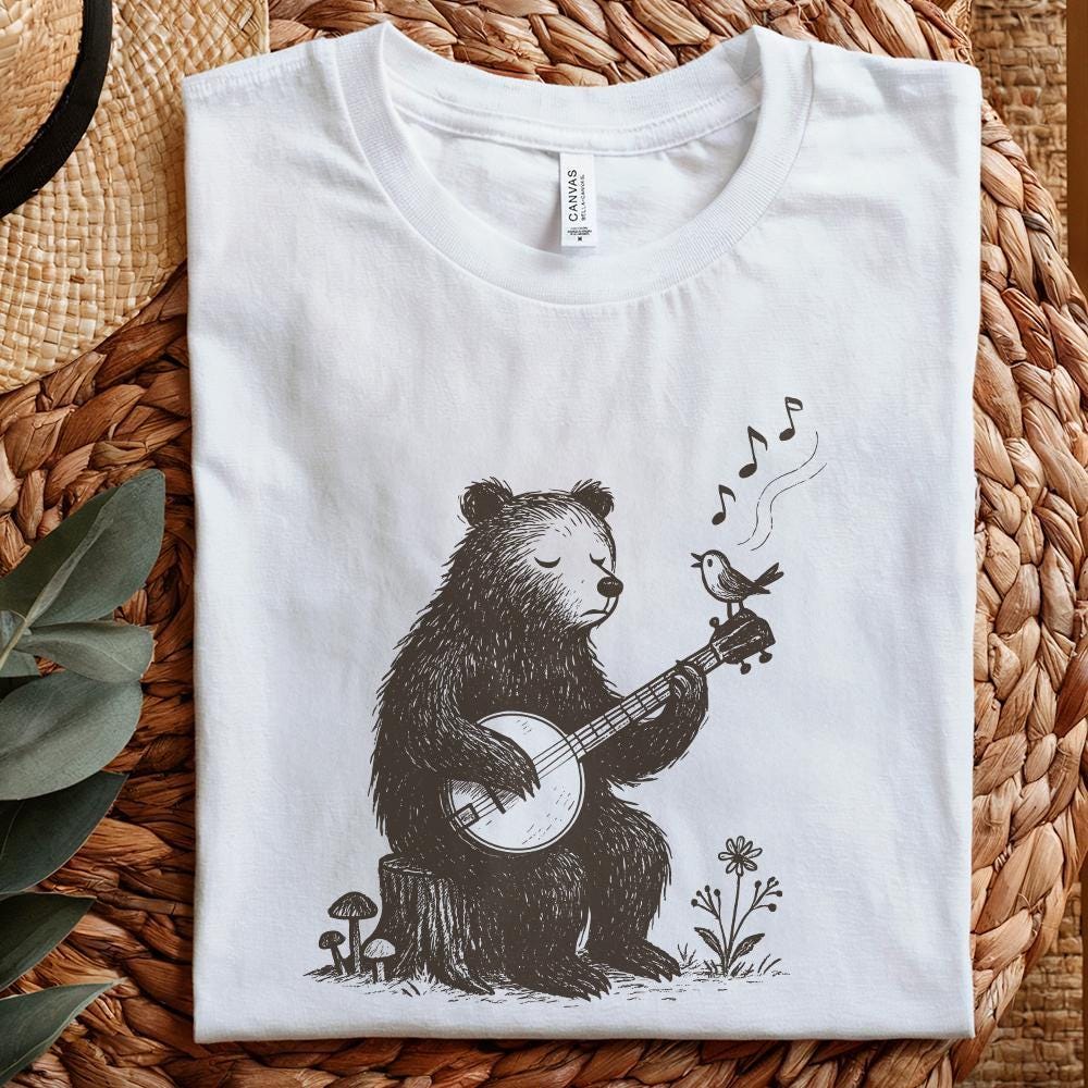 Bear Playing Banjo With Singing Bird PNG - Whimsical Animal Folk Art,