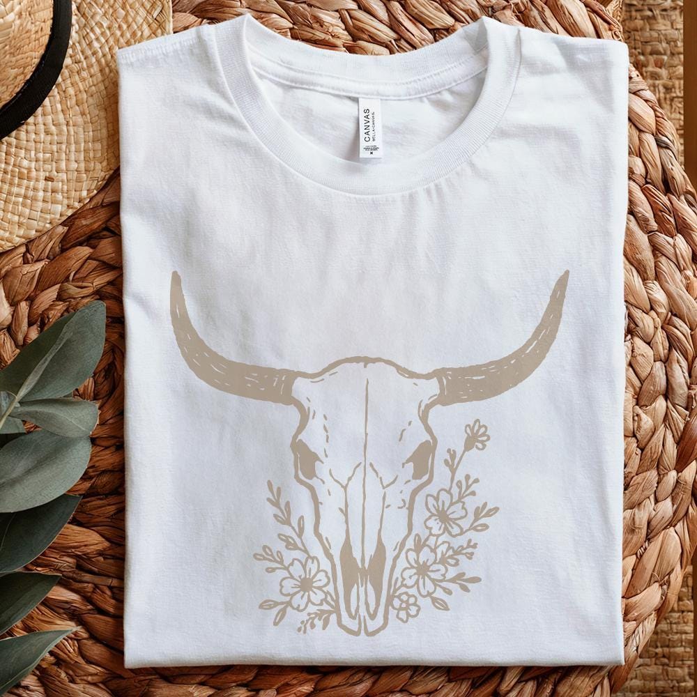 Boho Cow Skull PNG, Floral Skull Art - 300 DPI Design for T-Shirt
