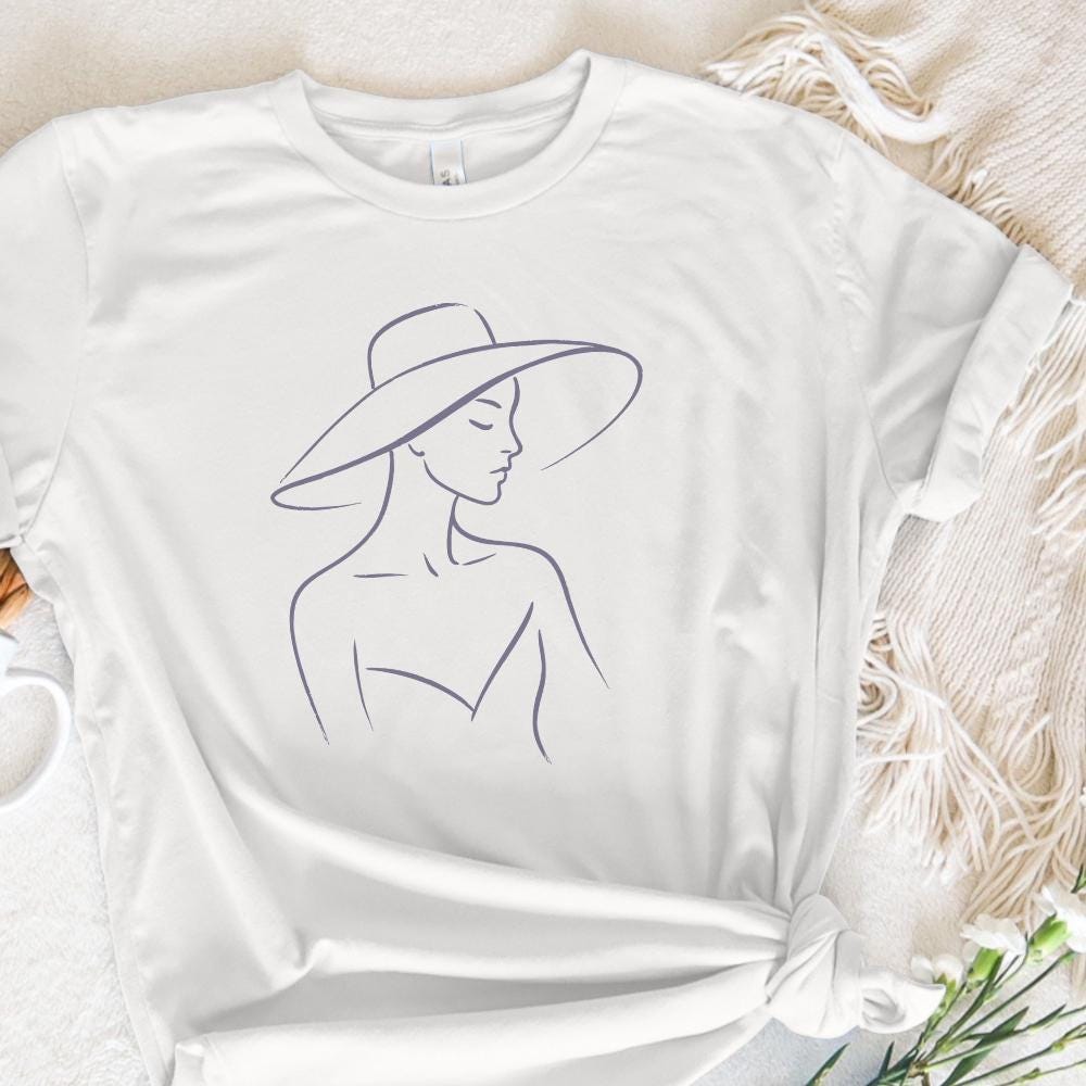 Elegant Woman With Hat Line Art PNG, Minimalist Fashion PNG Tee Design -