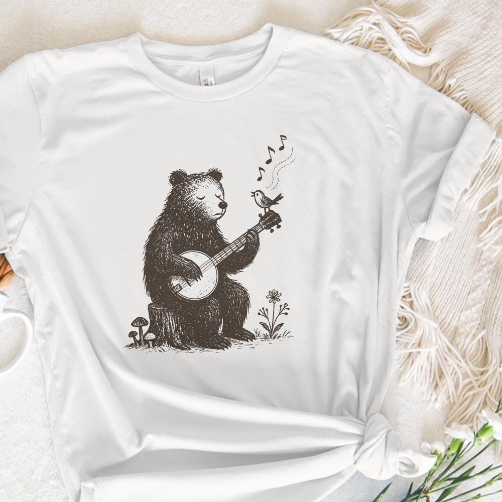 Bear Playing Banjo With Singing Bird PNG - Whimsical Animal Folk Art,