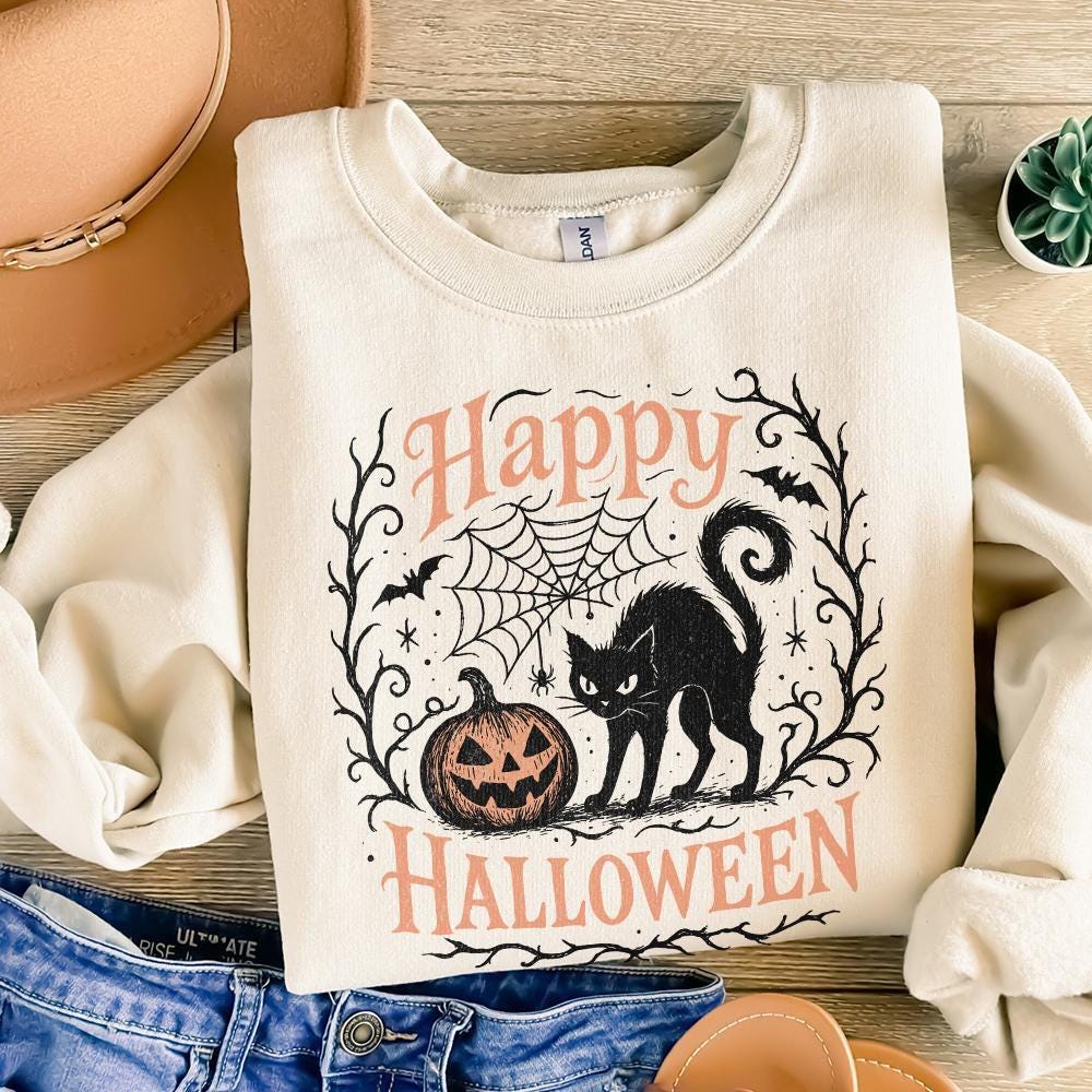 Happy Halloween PNG, Black Cat and Pumpkin Clipart PNG for T-Shirts - 300