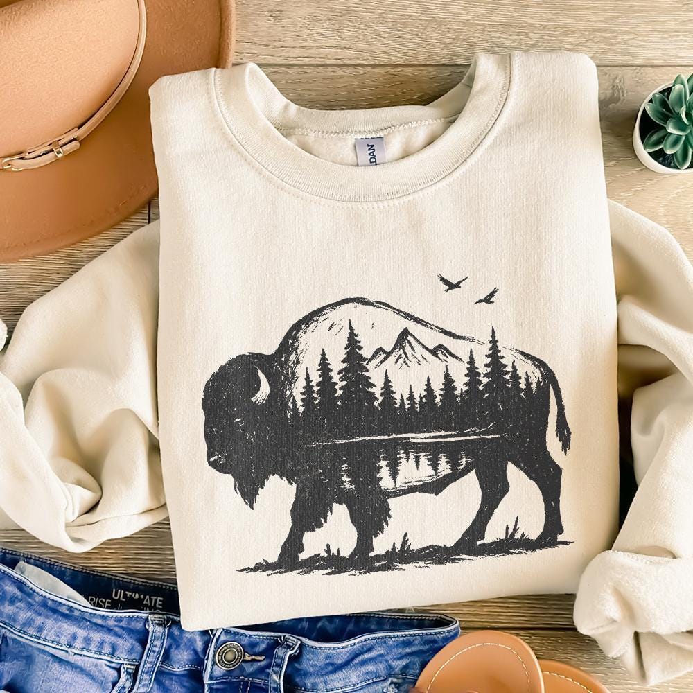 Bison Double Exposure PNG, Nature Mountain Forest Wildlife Rustic - 300