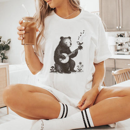 Bear Playing Banjo With Singing Bird PNG - Whimsical Animal Folk Art,