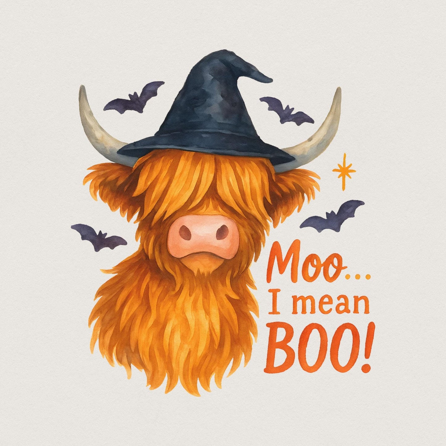 Moo... I Mean Boo! Highland Cow Halloween PNG, Witch Hat Animal Art - 300