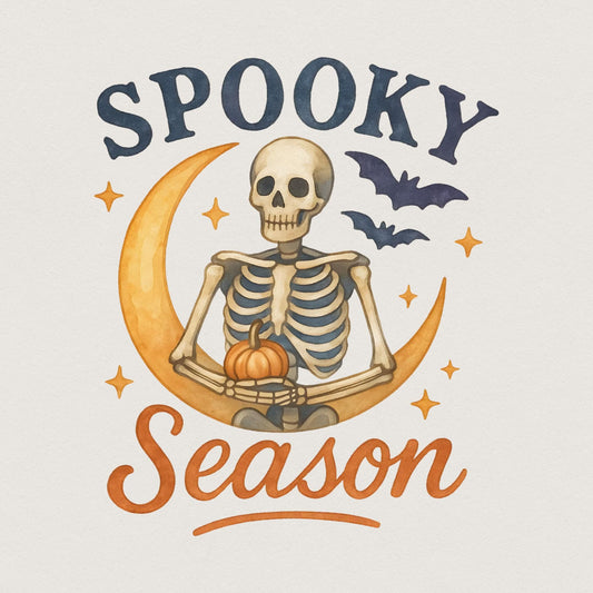 Spooky Season PNG, Halloween Skeleton on Crescent Moon - 300 DPI Design