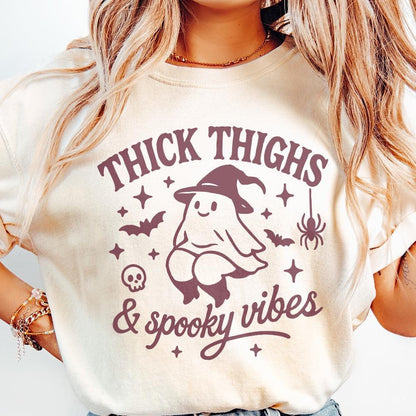 Thick Thighs & Spooky Vibes PNG Tee Design, Cute Ghost Halloween Shirt