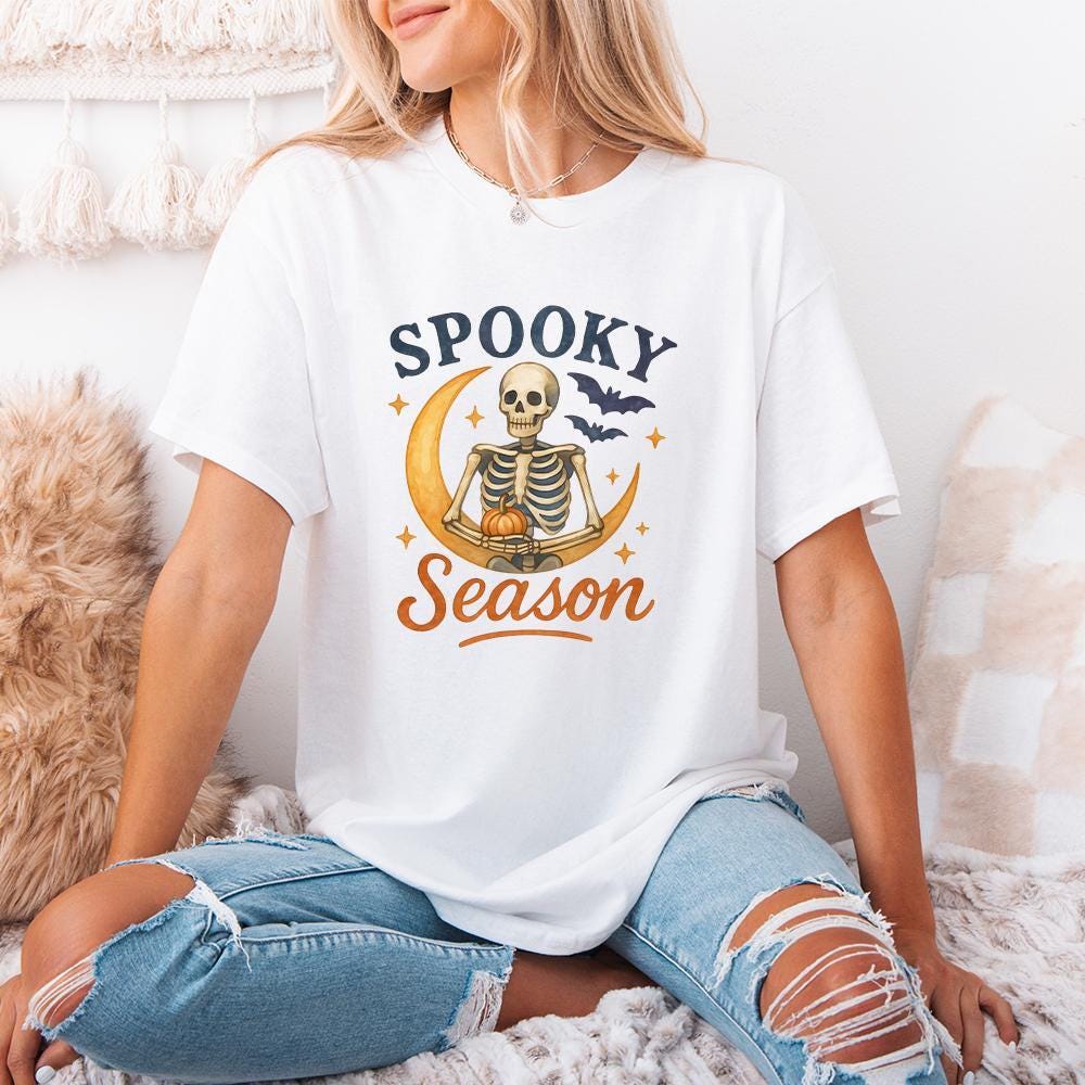 Spooky Season PNG, Halloween Skeleton on Crescent Moon - 300 DPI Design