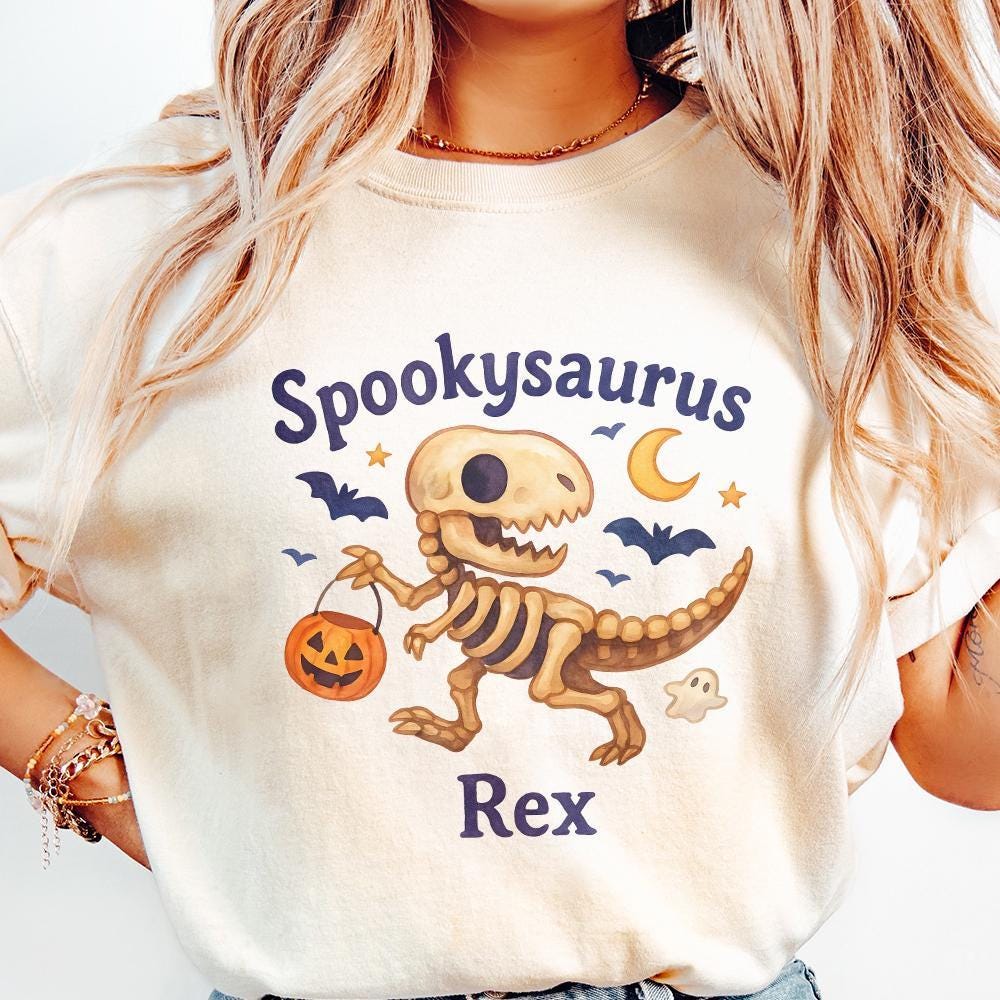 Spookysaurus Rex PNG Halloween Dinosaur PNG With Pumpkin Basket, Ghost -