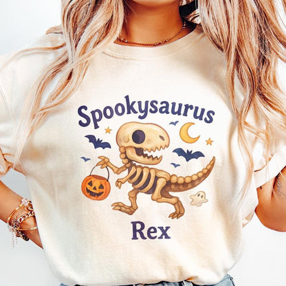 Spookysaurus Rex PNG Halloween Dinosaur PNG With Pumpkin Basket, Ghost -