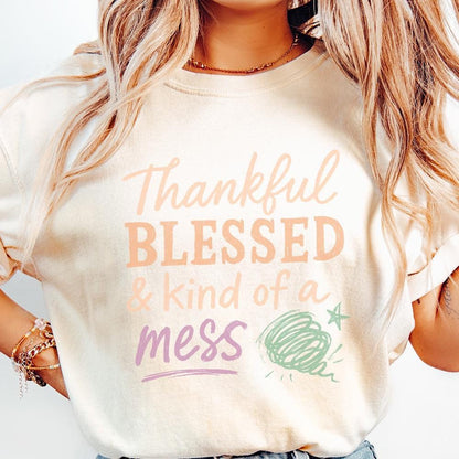 Thankful Blessed & Kind Of A Mess PNG, Fall Sayings PNG - 300 DPI Design
