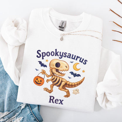 Spookysaurus Rex PNG Halloween Dinosaur PNG With Pumpkin Basket, Ghost -