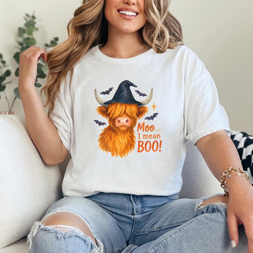 Moo... I Mean Boo! Highland Cow Halloween PNG, Witch Hat Animal Art - 300
