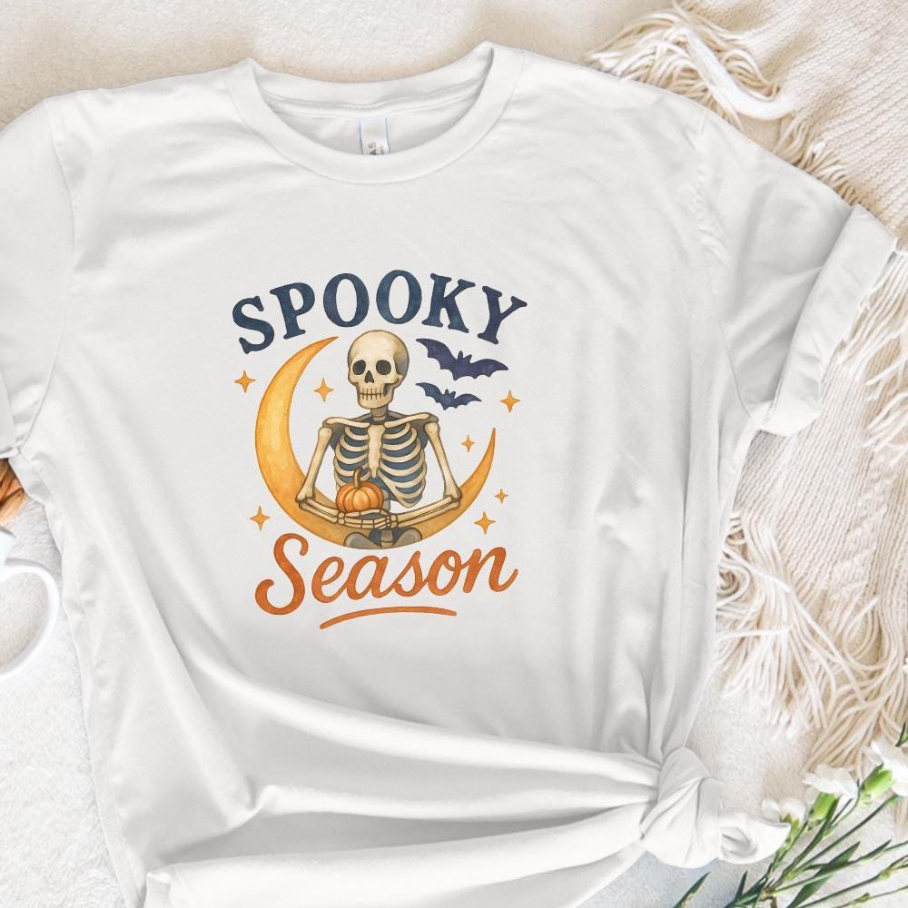 Spooky Season PNG, Halloween Skeleton on Crescent Moon - 300 DPI Design