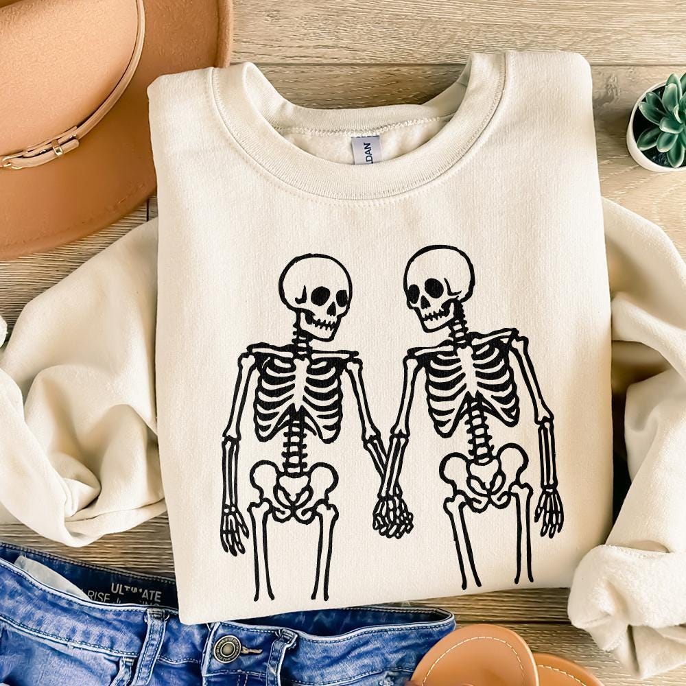 Skeleton Couple Holding Hands PNG, Romantic Skeleton Art PNG - 300 DPI