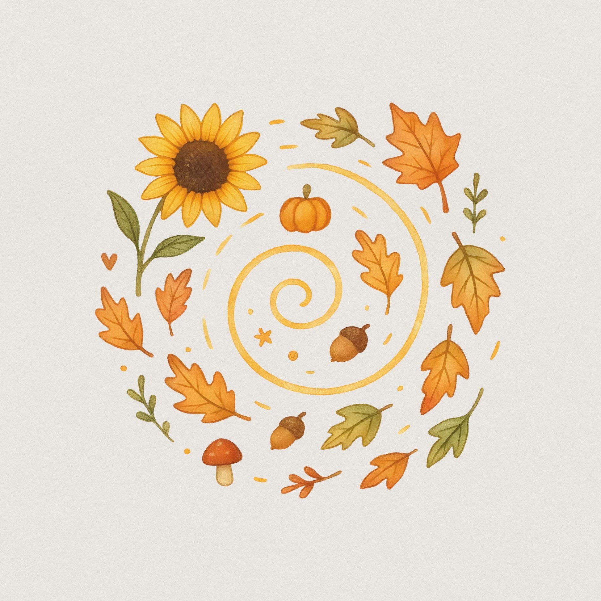 Autumn Leaves Pumpkin Sunflower PNG, Cute Fall Acorn Mushroom Clipart -