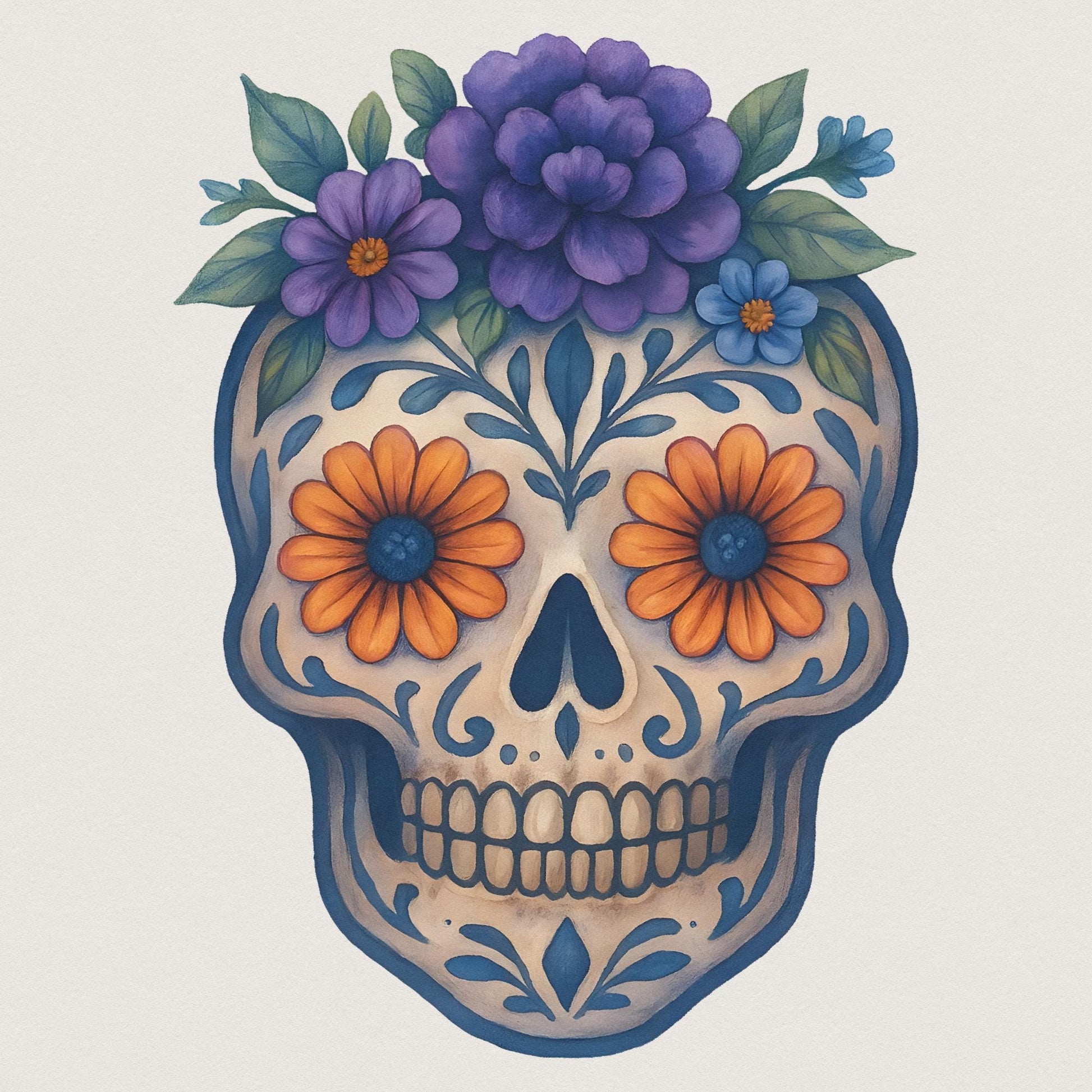 Floral Skull PNG, Sugar Skull PNG - 300 DPI Design for T-Shirt