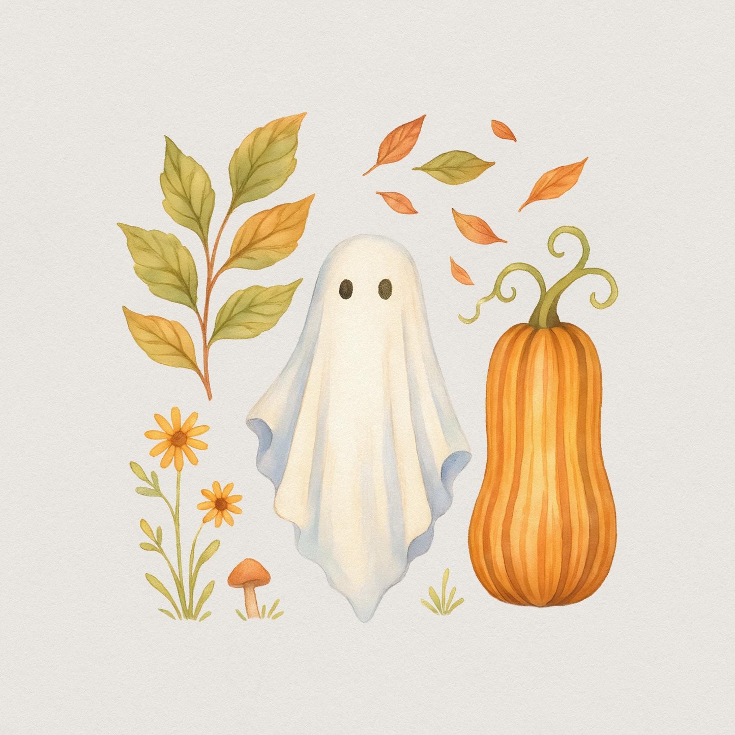 Whimsical Ghost PNG, Fall Pumpkin Watercolor PNG - 300 DPI Design for