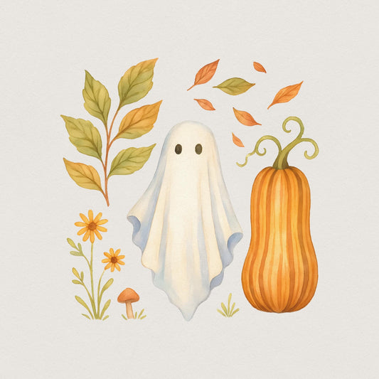 Whimsical Ghost PNG, Fall Pumpkin Watercolor PNG - 300 DPI Design for