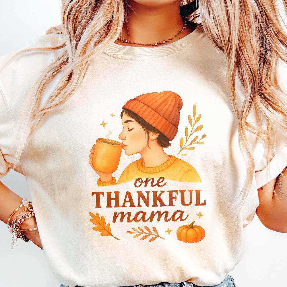 One Thankful Mama PNG Tee, Cute Fall Pumpkin Shirt PNG - 300 DPI Design