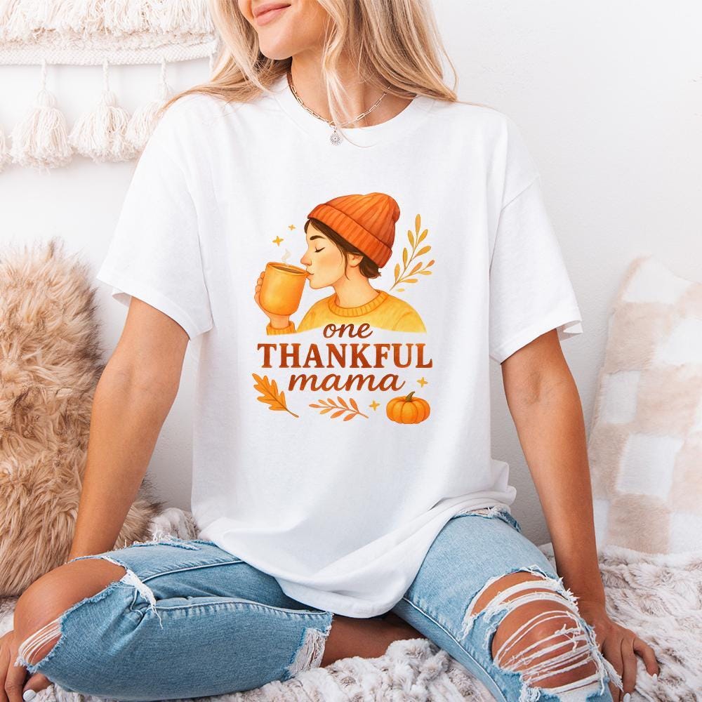 One Thankful Mama PNG Tee, Cute Fall Pumpkin Shirt PNG - 300 DPI Design
