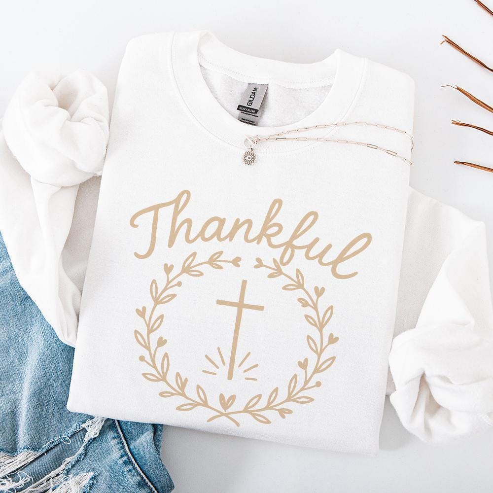 Thankful PNG, Laurel Wreath Cross Christian Sublimation - 300 DPI Design