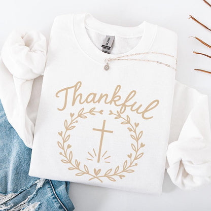 Thankful PNG, Laurel Wreath Cross Christian Sublimation - 300 DPI Design
