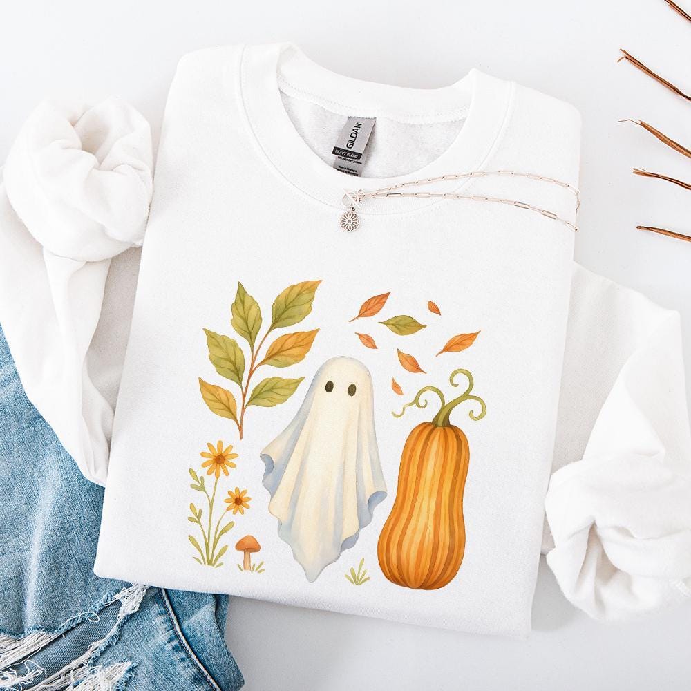 Whimsical Ghost PNG, Fall Pumpkin Watercolor PNG - 300 DPI Design for