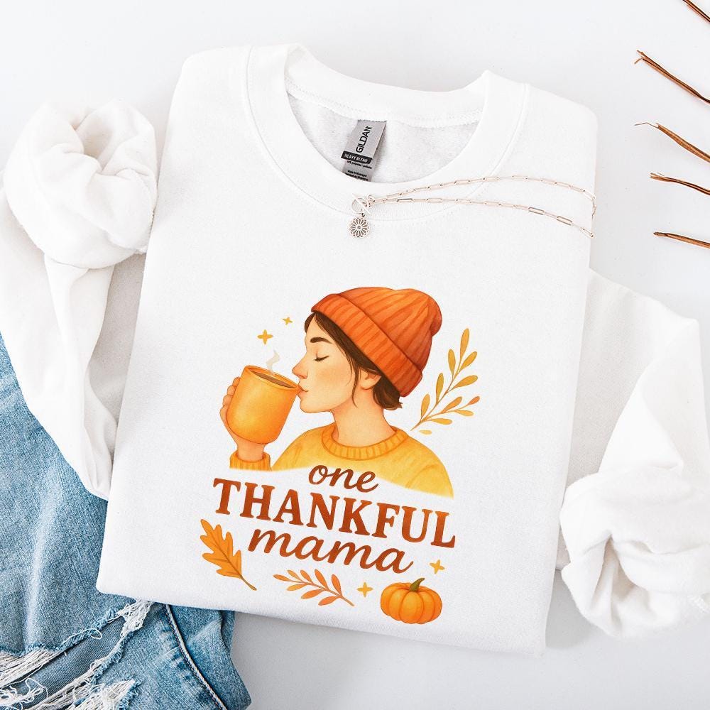 One Thankful Mama PNG Tee, Cute Fall Pumpkin Shirt PNG - 300 DPI Design