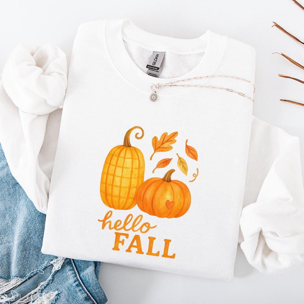 Hello Fall Pumpkins PNG, Autumn Leaves Fall Sublimation - 300 DPI Design