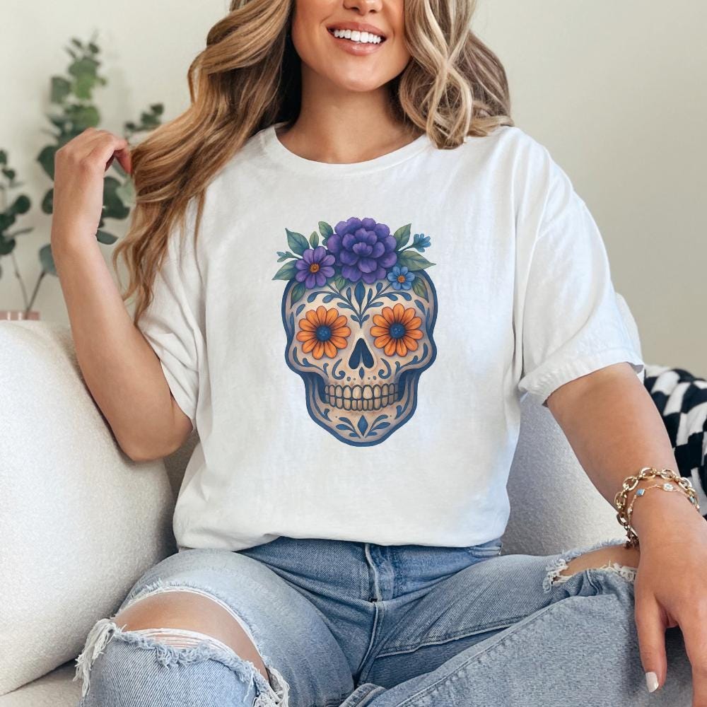 Floral Skull PNG, Sugar Skull PNG - 300 DPI Design for T-Shirt