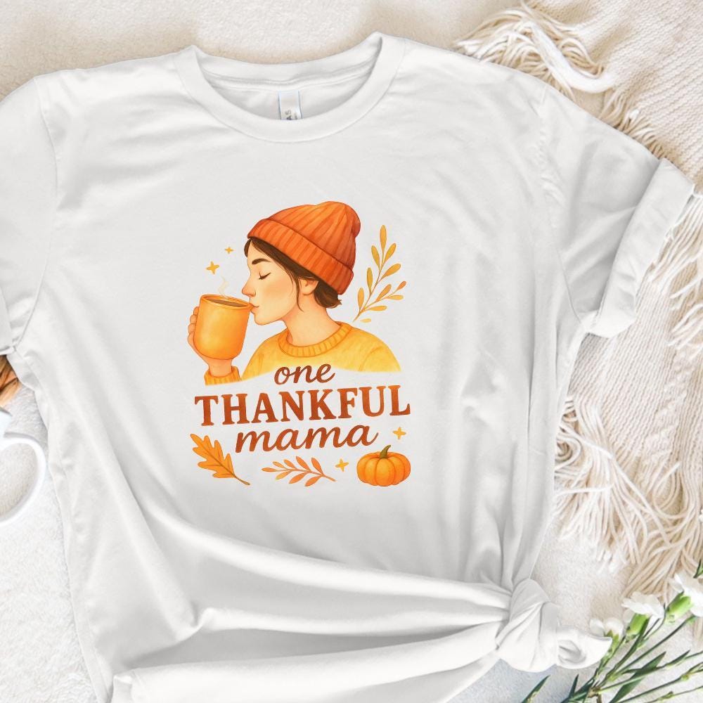One Thankful Mama PNG Tee, Cute Fall Pumpkin Shirt PNG - 300 DPI Design