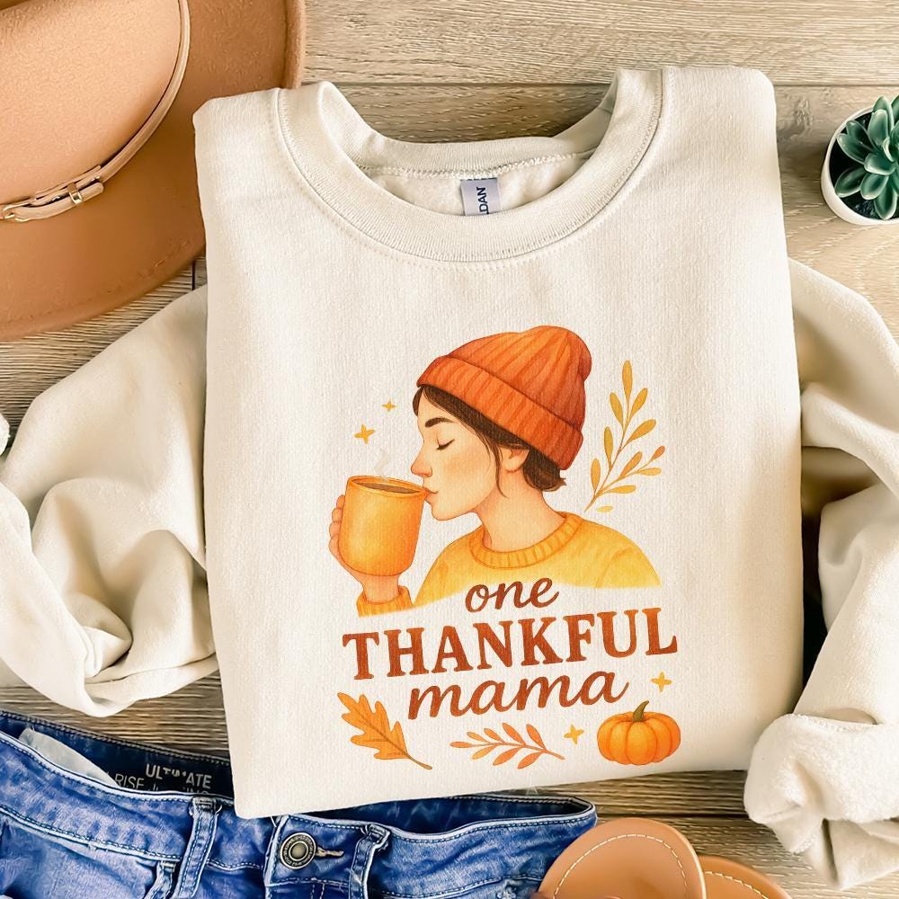One Thankful Mama PNG Tee, Cute Fall Pumpkin Shirt PNG - 300 DPI Design